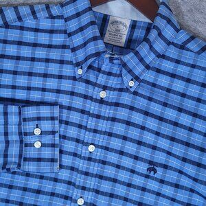 Brooks Brothers Regent Fit Non-Iron Stretch Blue Check Shirt Large Cotton Blend